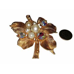 Large Faux Pearls and Aurora Borealis Rhinestone Brooch